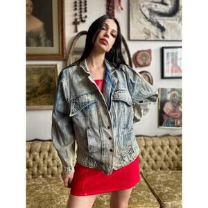 80s Rare Acid Washed Denim Jacket w snap Button Closure Size Medium